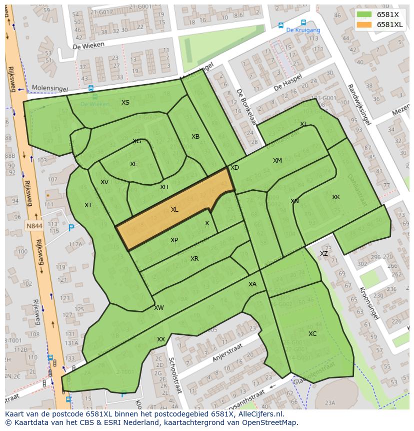 Afbeelding van het postcodegebied 6581 XL op de kaart.