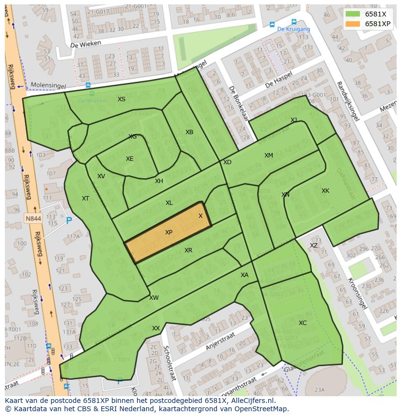 Afbeelding van het postcodegebied 6581 XP op de kaart.