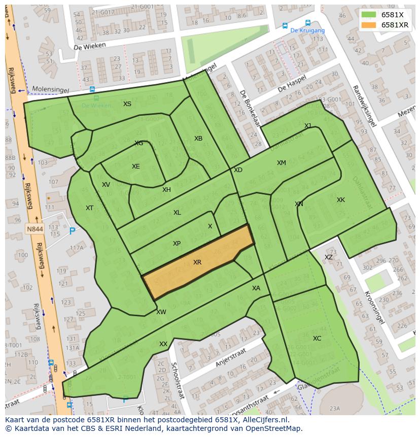 Afbeelding van het postcodegebied 6581 XR op de kaart.