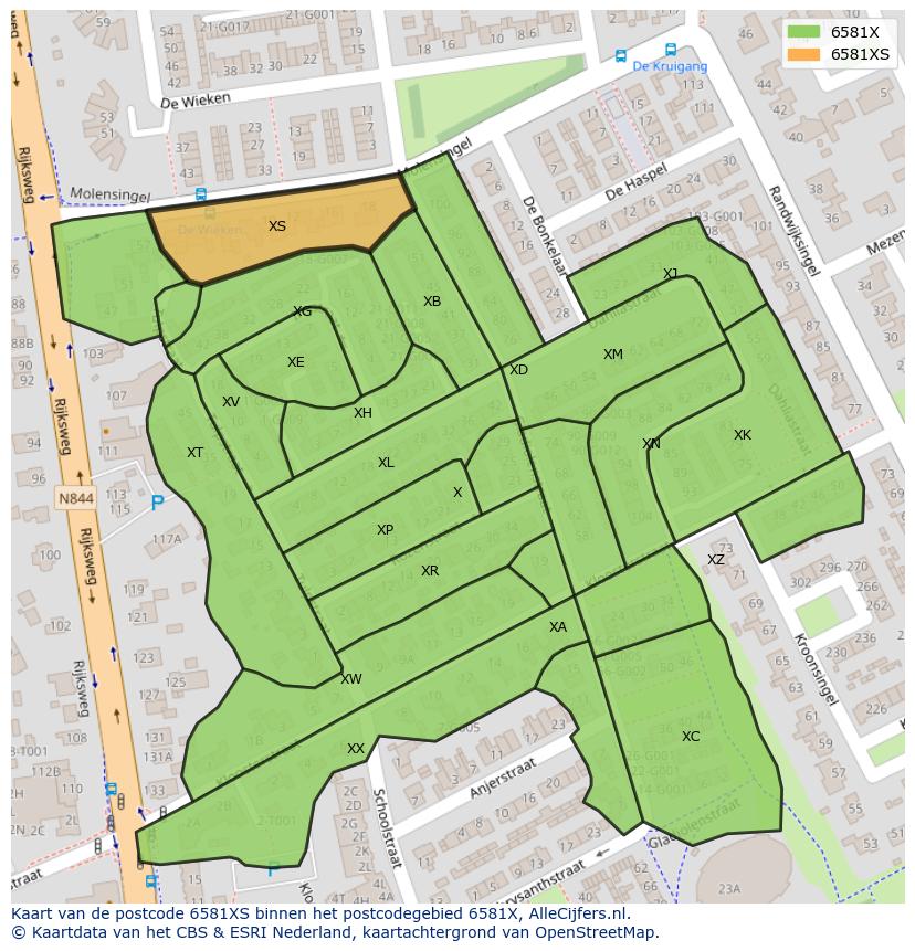 Afbeelding van het postcodegebied 6581 XS op de kaart.