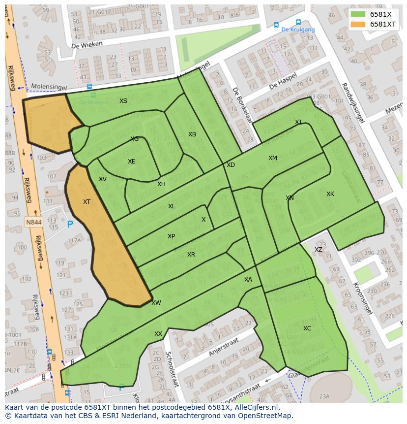 Afbeelding van het postcodegebied 6581 XT op de kaart.