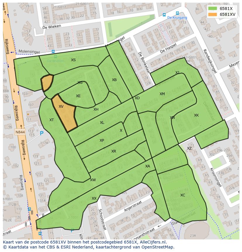 Afbeelding van het postcodegebied 6581 XV op de kaart.