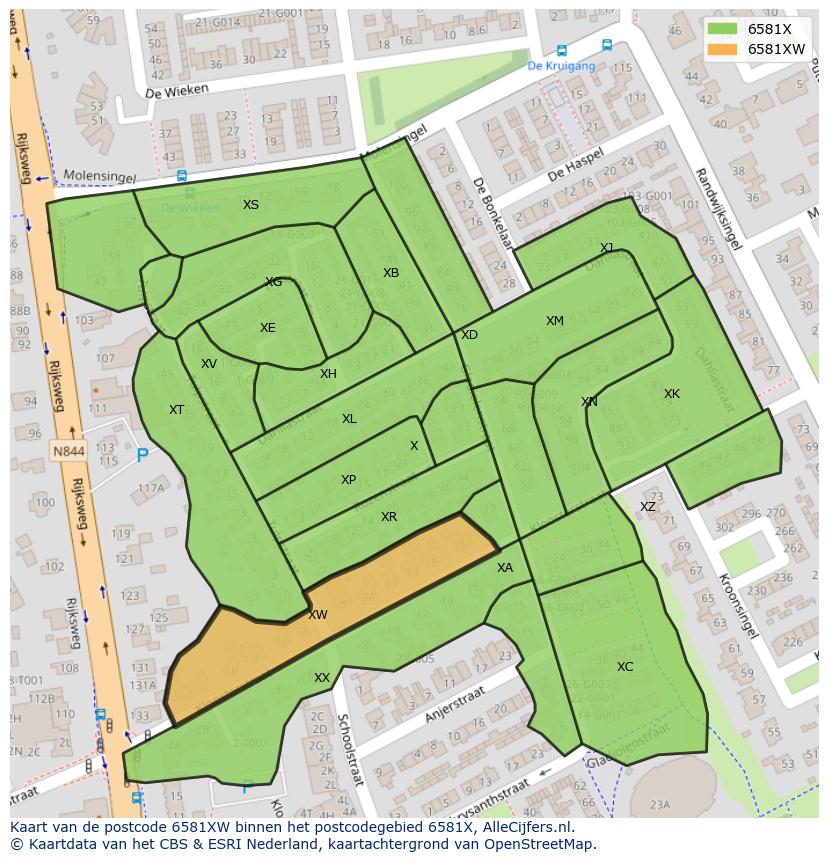 Afbeelding van het postcodegebied 6581 XW op de kaart.