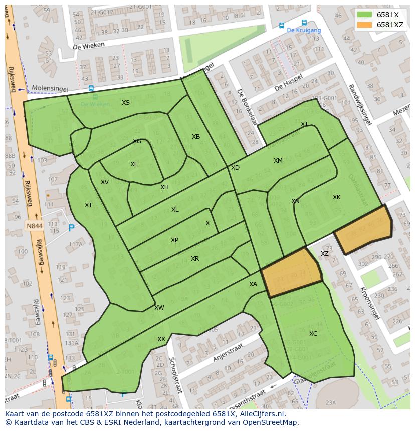 Afbeelding van het postcodegebied 6581 XZ op de kaart.
