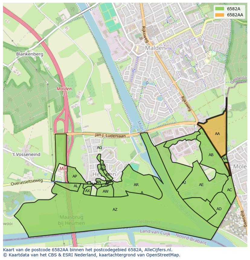 Afbeelding van het postcodegebied 6582 AA op de kaart.