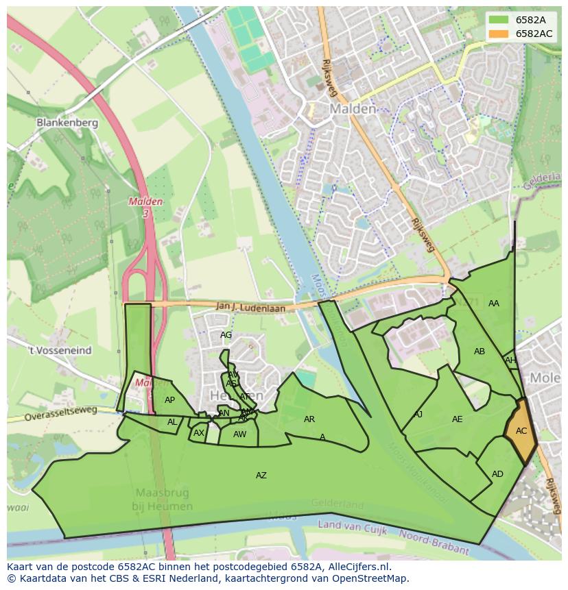 Afbeelding van het postcodegebied 6582 AC op de kaart.