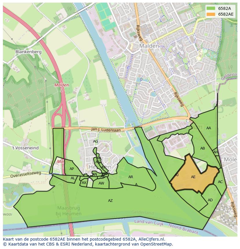 Afbeelding van het postcodegebied 6582 AE op de kaart.