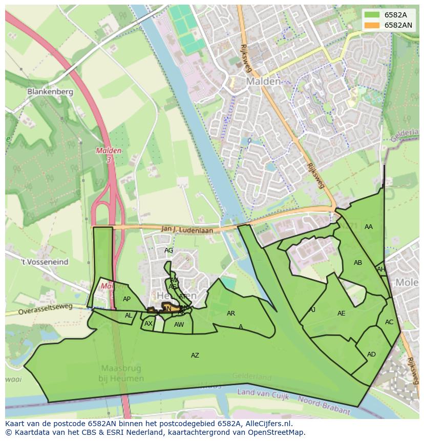 Afbeelding van het postcodegebied 6582 AN op de kaart.