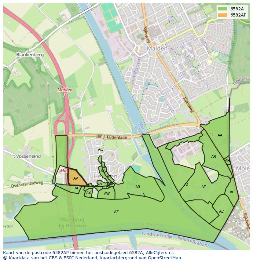 Afbeelding van het postcodegebied 6582 AP op de kaart.