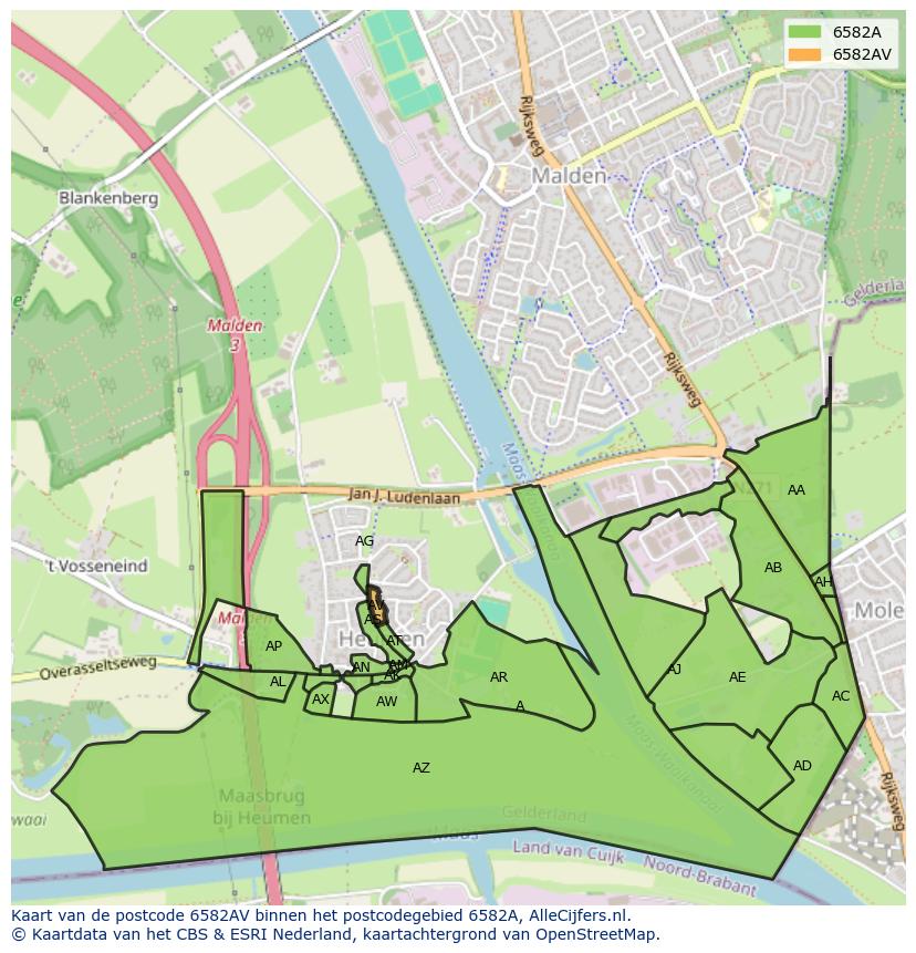 Afbeelding van het postcodegebied 6582 AV op de kaart.