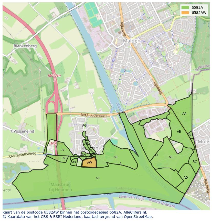 Afbeelding van het postcodegebied 6582 AW op de kaart.
