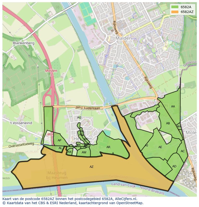 Afbeelding van het postcodegebied 6582 AZ op de kaart.