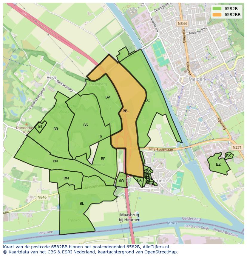 Afbeelding van het postcodegebied 6582 BB op de kaart.