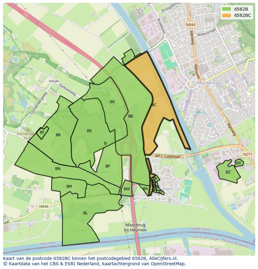 Afbeelding van het postcodegebied 6582 BC op de kaart.