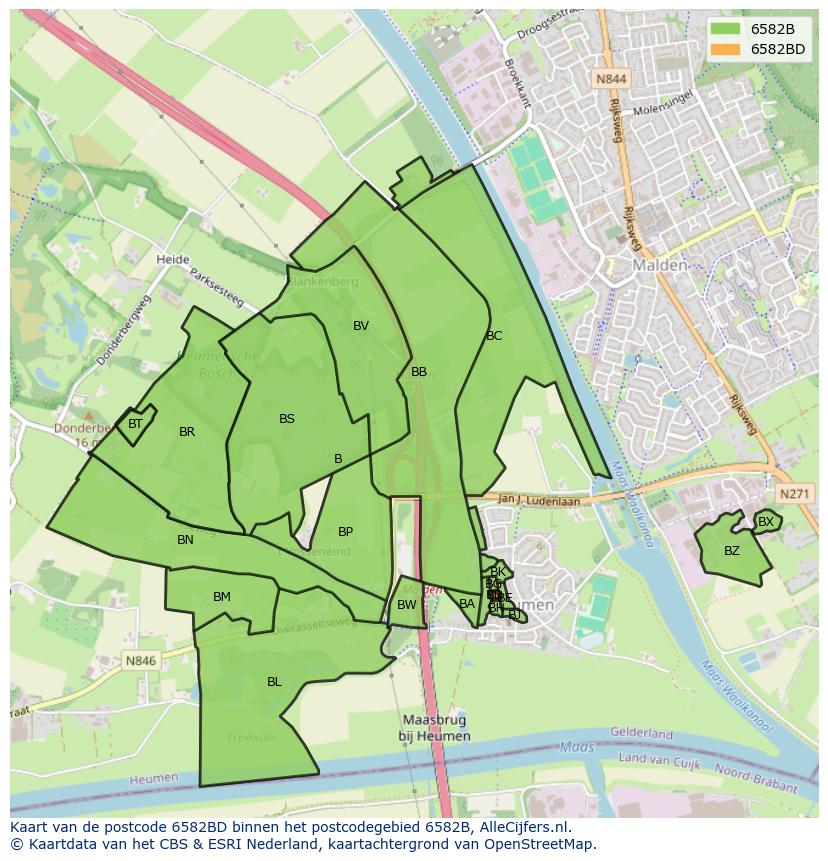 Afbeelding van het postcodegebied 6582 BD op de kaart.