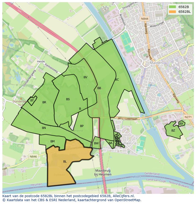 Afbeelding van het postcodegebied 6582 BL op de kaart.