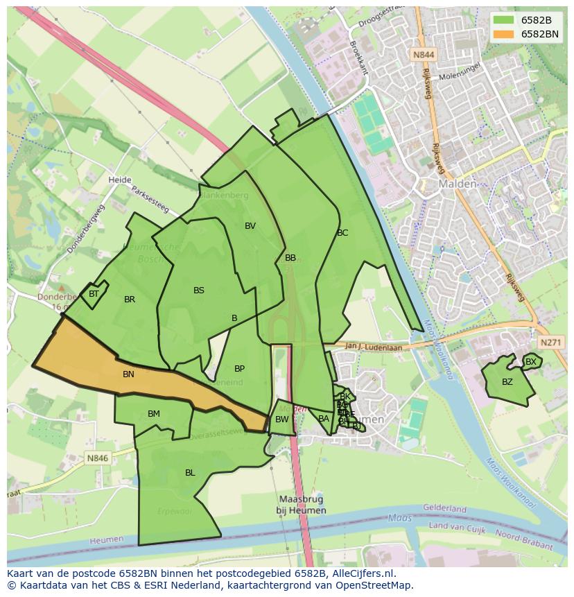 Afbeelding van het postcodegebied 6582 BN op de kaart.
