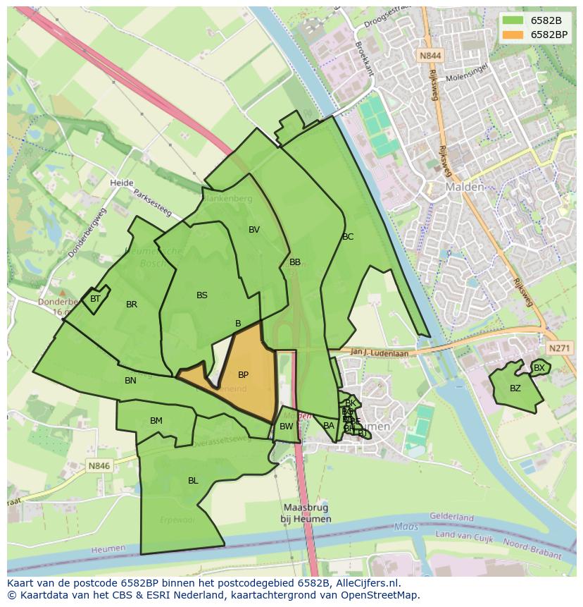 Afbeelding van het postcodegebied 6582 BP op de kaart.