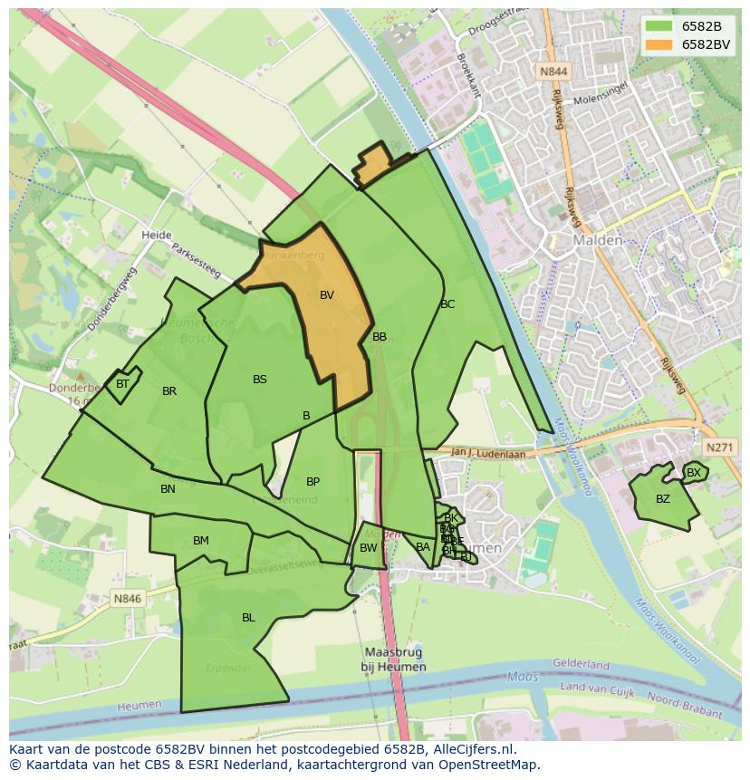 Afbeelding van het postcodegebied 6582 BV op de kaart.