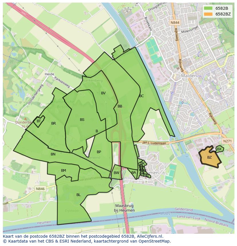 Afbeelding van het postcodegebied 6582 BZ op de kaart.