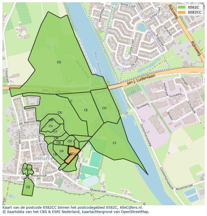 Afbeelding van het postcodegebied 6582 CC op de kaart.