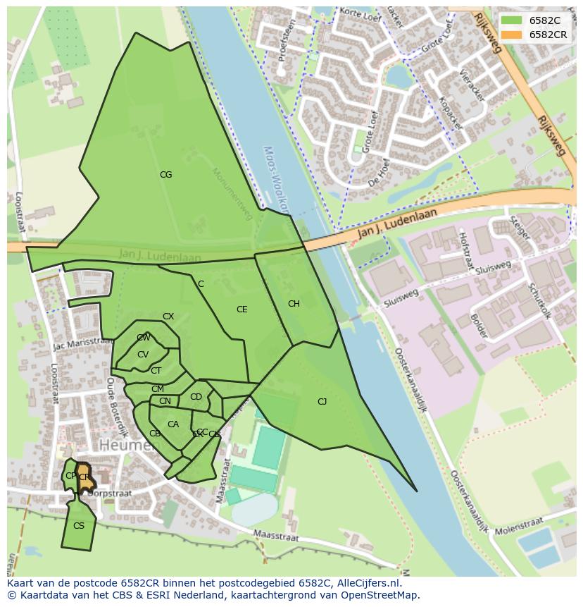 Afbeelding van het postcodegebied 6582 CR op de kaart.