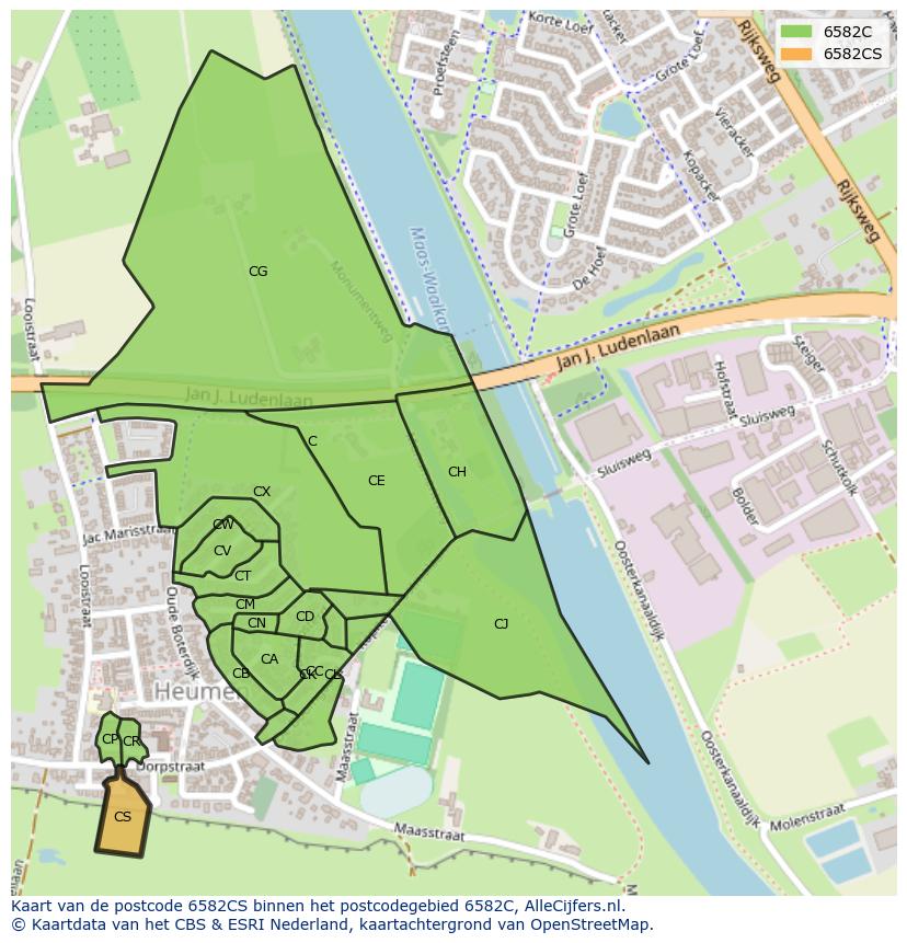 Afbeelding van het postcodegebied 6582 CS op de kaart.