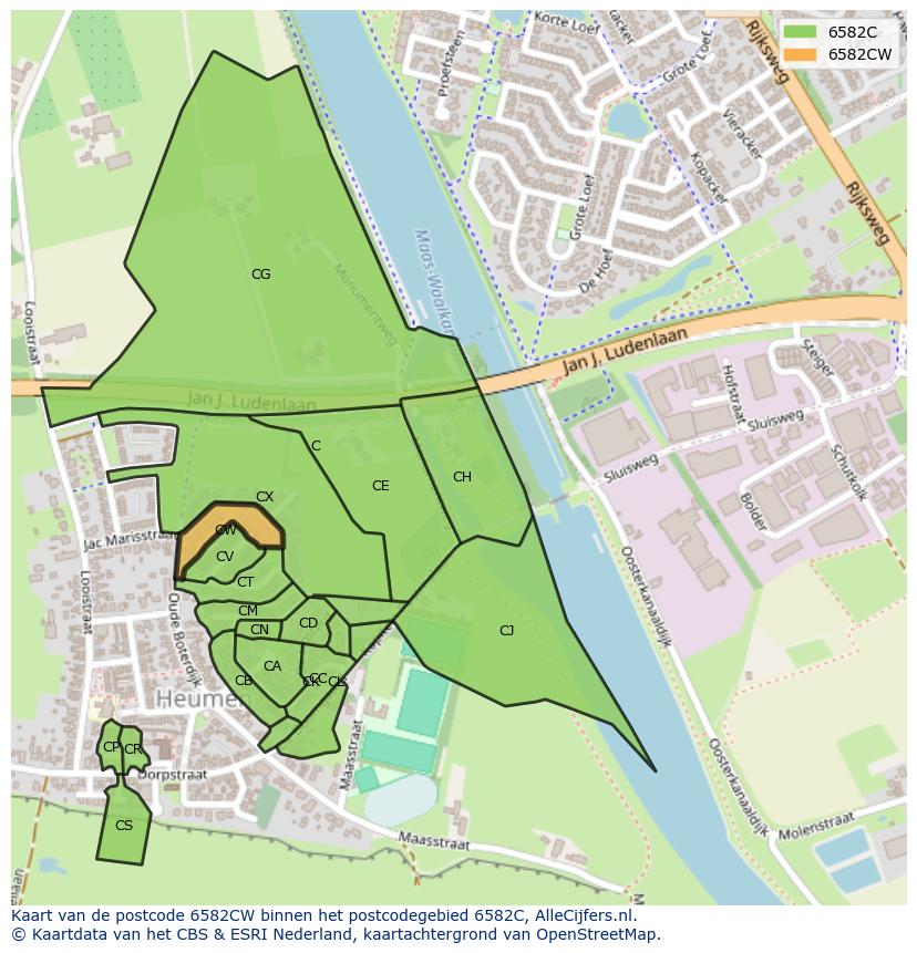 Afbeelding van het postcodegebied 6582 CW op de kaart.