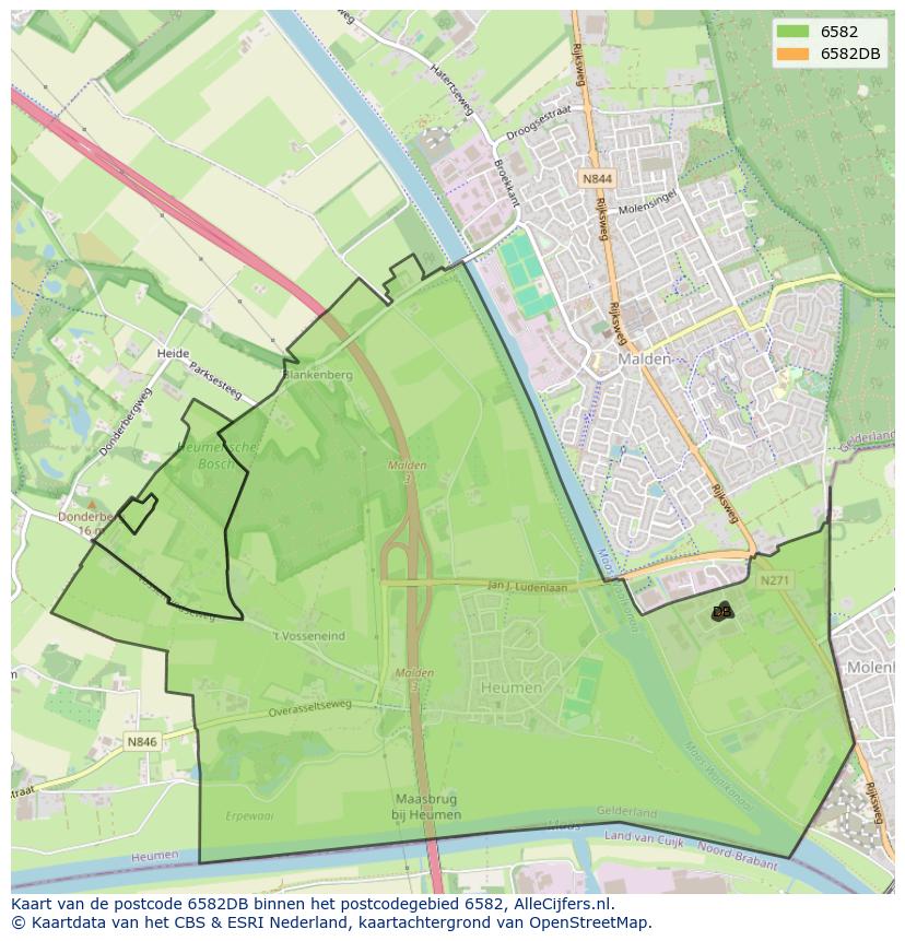 Afbeelding van het postcodegebied 6582 DB op de kaart.