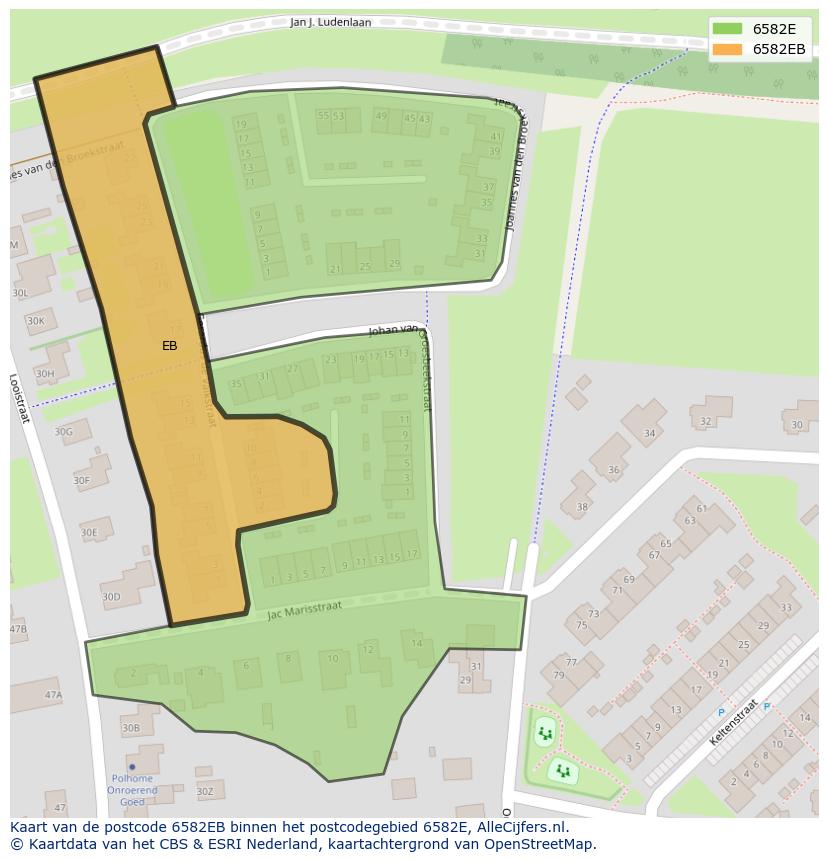 Afbeelding van het postcodegebied 6582 EB op de kaart.