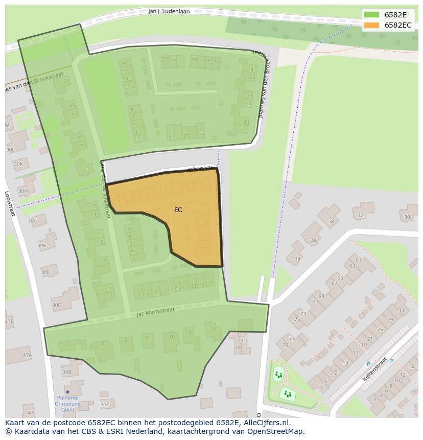 Afbeelding van het postcodegebied 6582 EC op de kaart.