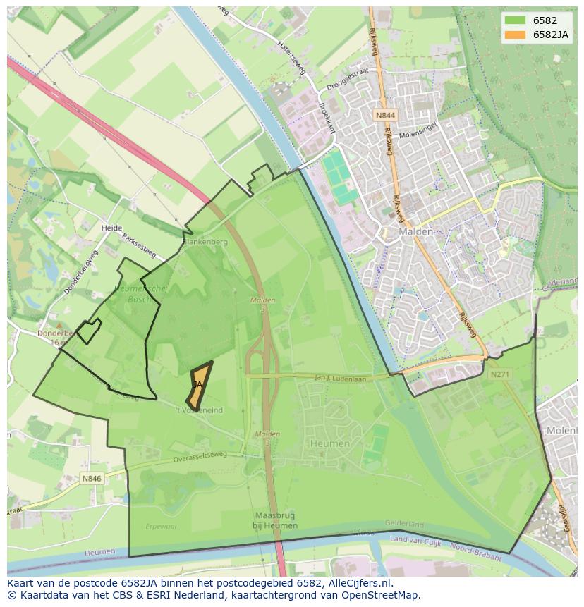 Afbeelding van het postcodegebied 6582 JA op de kaart.