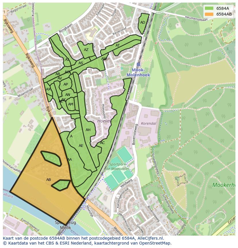 Afbeelding van het postcodegebied 6584 AB op de kaart.