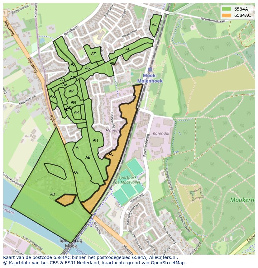 Afbeelding van het postcodegebied 6584 AC op de kaart.