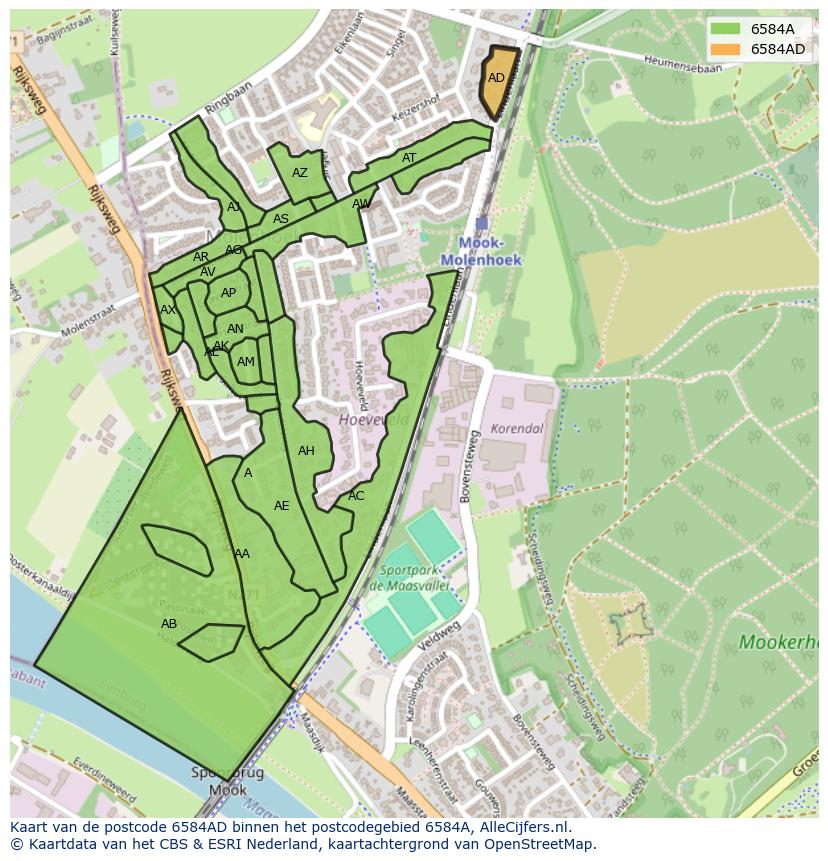 Afbeelding van het postcodegebied 6584 AD op de kaart.