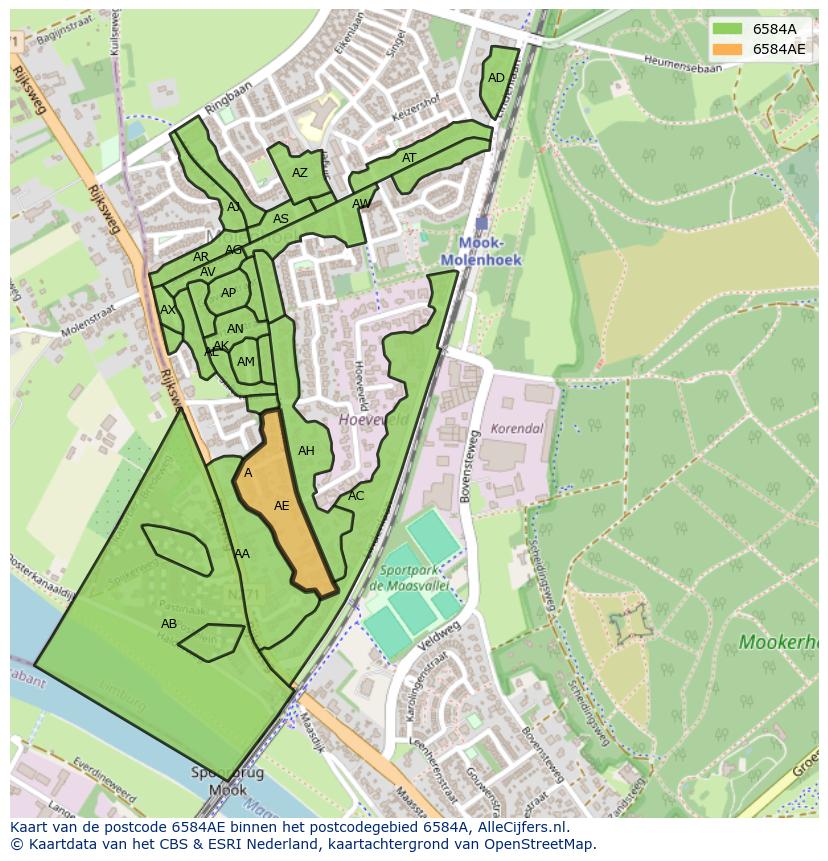 Afbeelding van het postcodegebied 6584 AE op de kaart.