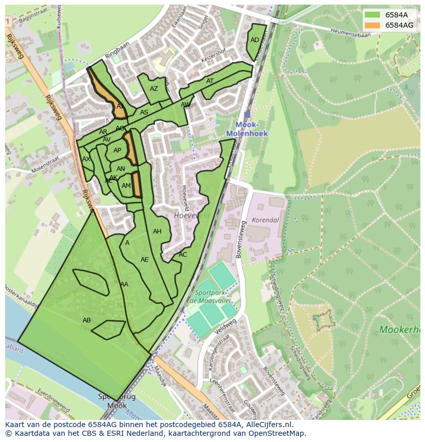 Afbeelding van het postcodegebied 6584 AG op de kaart.
