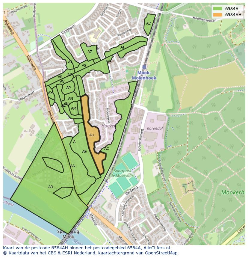 Afbeelding van het postcodegebied 6584 AH op de kaart.