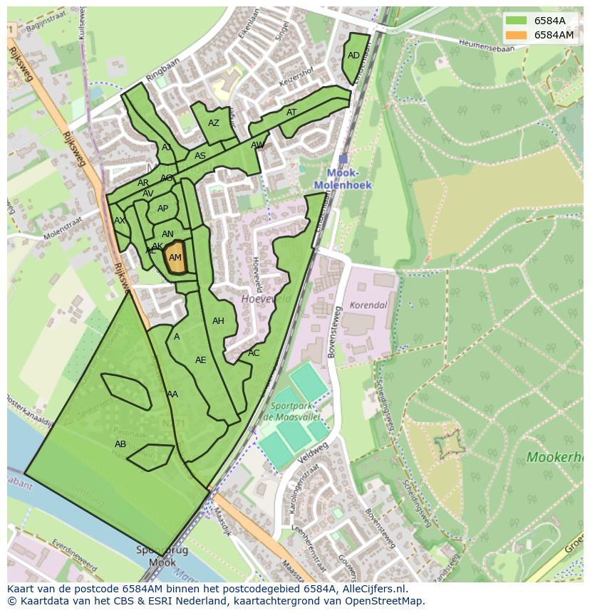 Afbeelding van het postcodegebied 6584 AM op de kaart.