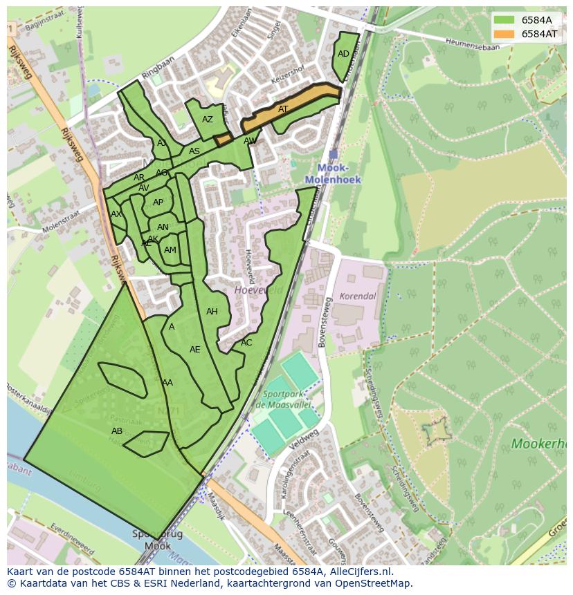 Afbeelding van het postcodegebied 6584 AT op de kaart.
