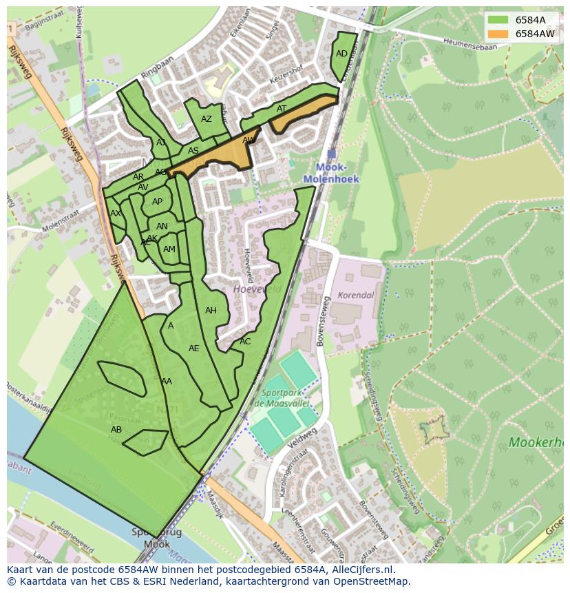 Afbeelding van het postcodegebied 6584 AW op de kaart.