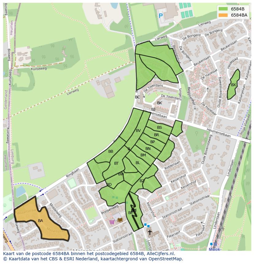 Afbeelding van het postcodegebied 6584 BA op de kaart.