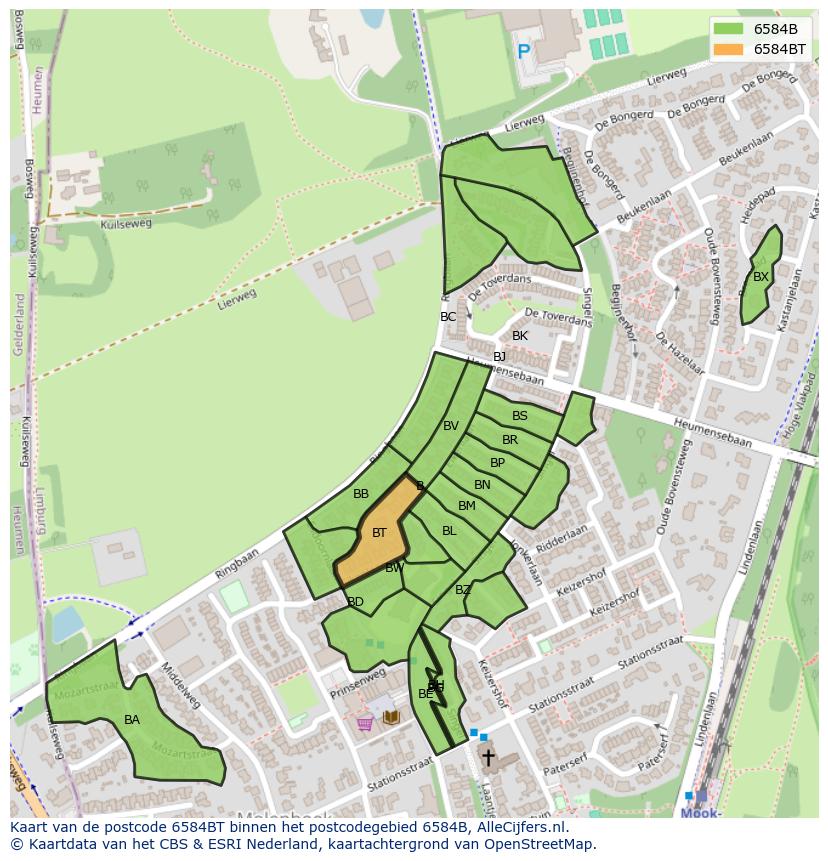 Afbeelding van het postcodegebied 6584 BT op de kaart.