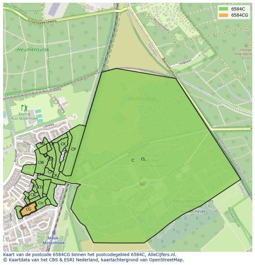 Afbeelding van het postcodegebied 6584 CG op de kaart.