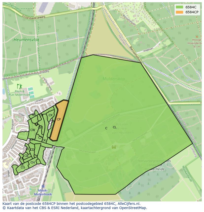 Afbeelding van het postcodegebied 6584 CP op de kaart.