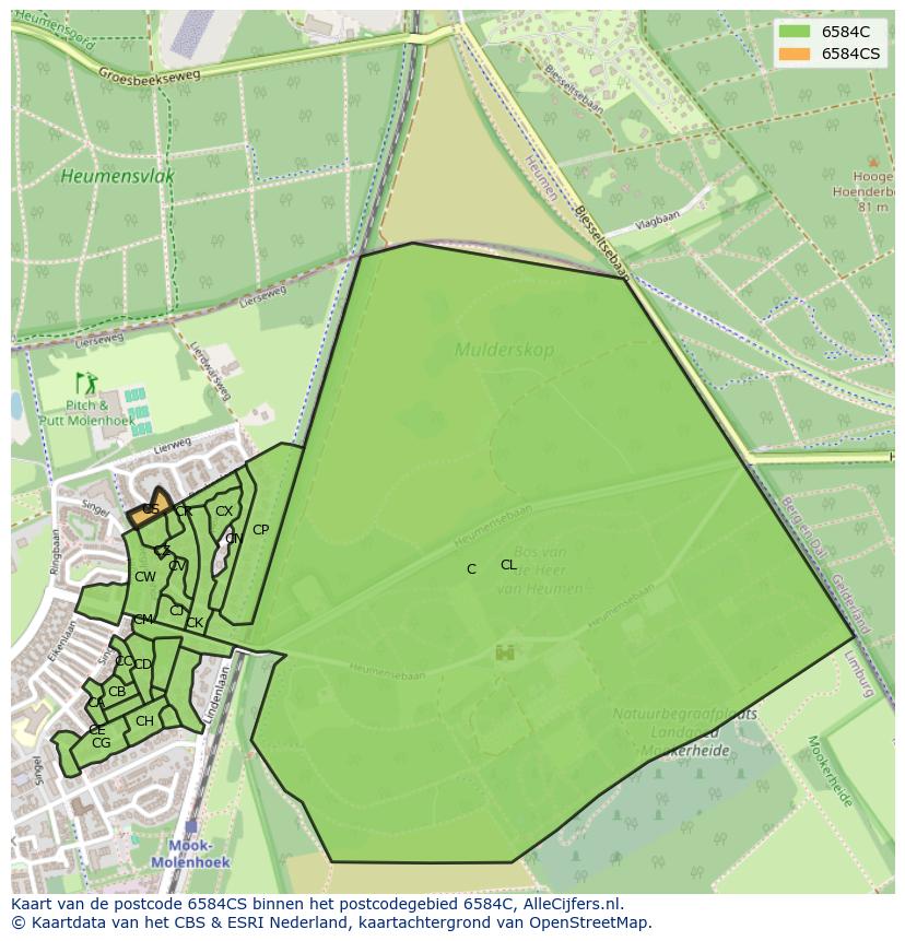 Afbeelding van het postcodegebied 6584 CS op de kaart.