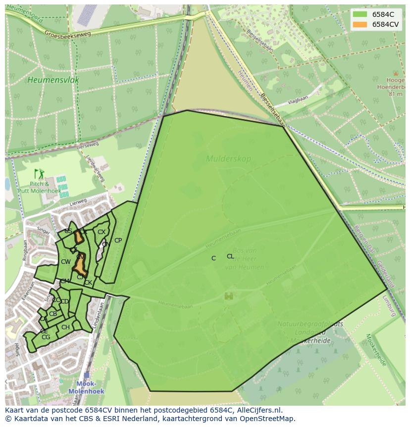 Afbeelding van het postcodegebied 6584 CV op de kaart.