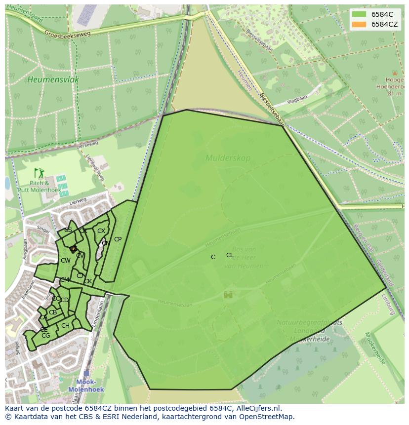 Afbeelding van het postcodegebied 6584 CZ op de kaart.