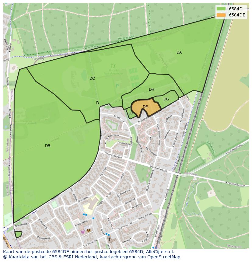 Afbeelding van het postcodegebied 6584 DE op de kaart.