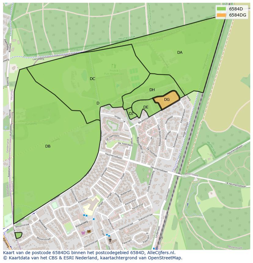 Afbeelding van het postcodegebied 6584 DG op de kaart.